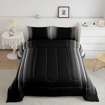 Geometric Abstract Ombre Bedding Set Men Adults Teens Grey Gray and Black Striped Comforter Set Kids Boys Girls Simple Modern Quilt Setwith 2 Pillowcases 3Pcs Bedding Full