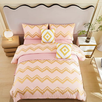 7PCS Rose Gold and Pink Bedding Set,Pink Comforter Set Full Size,Rose Gold Bedding Set Full,Bed in A Bag Full for Teen Girls Women,Bedroom Decoration Full Pink/Rose Gold