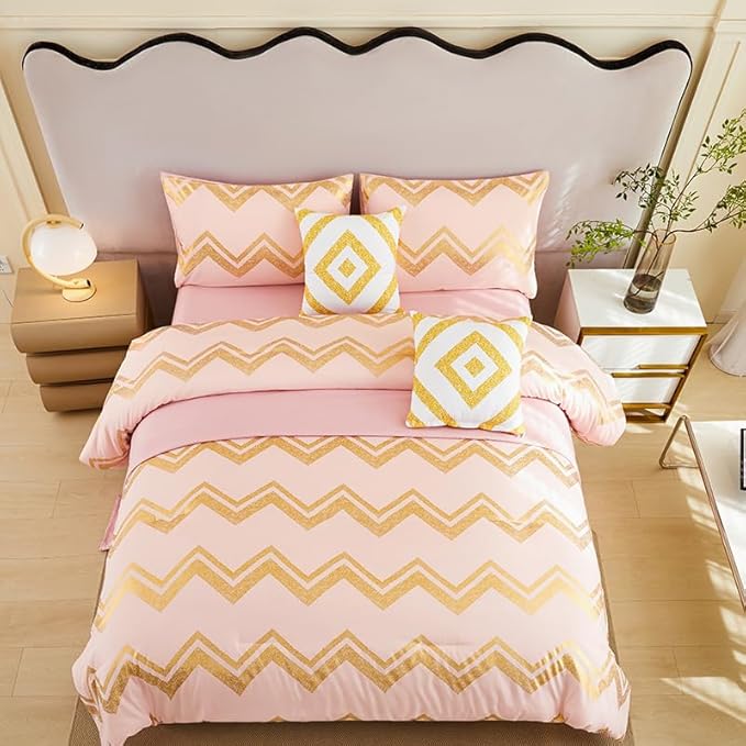 7PCS Gold and Pink Comforter Set,Pink Comforter Queen,Metallic Blush and Rose Gold Pink Bedding Set Queen,Bed in A Bag Queen for Teen Girls Women,Bedroom Decoration Queen Pink/Rose Gold