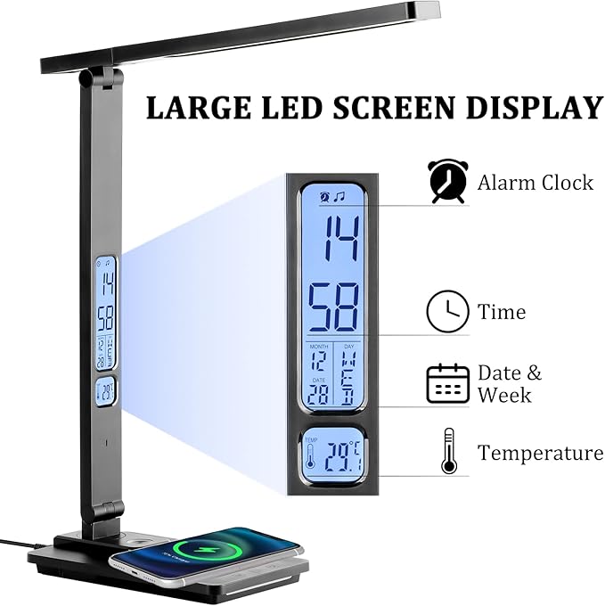 Dott Arts LED Desk Lamp with Wireless Charger, Touch Control Study Lamp with USB Charging Port, Table Lamp with Clock, Alarm, Date, Temperature, Office Lamp, Desk Lamps for Home Office,Black