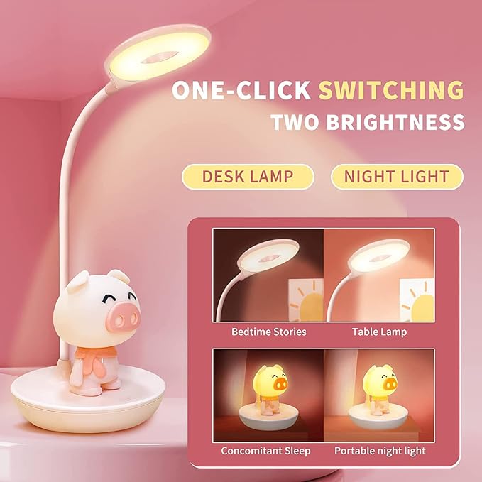 Kids Desk Lamp Pink, Dimming Desk Lamp for Girls with Exclusive Cartoon Look, Cute Night Light for Kids Bedroom, Eye-Caring LED Portable Reading Lamp for Child, Unique Gift (Pink Pig)
