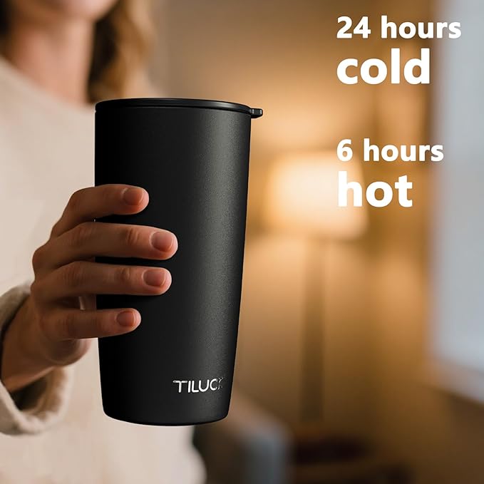 TILUCK 20 oz Insulated Coffee Tumbler with BPA-Free Lid | Travel Coffee Mug, Dishwasher Safe, Cup Holder Friendly, Double-Wall Vacuum Insulation for Hot & Cold Drinks, Matte Black