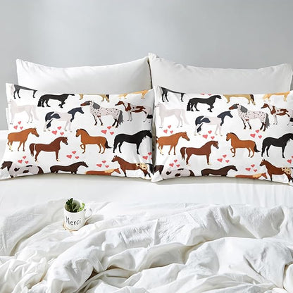 Horse Comforter Set Twin Farm Bedding Set Kids Boys Girls Teens Cute Animal Duvet Set Cartoon Horses With Pink Lover Heart Decor Kawaii Quilt Set Soft Lightweight Cowboy Cowgirls Comforter Set