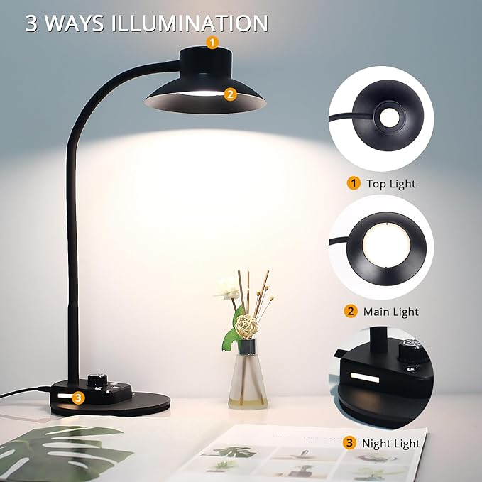 LED Desk Lamp for Office Home, Dimmable Reading Light with USB Charging Ports, Bedside Lamp with 5 Color Modes & Stepless Dimming, 360° Flexible Gooseneck Table Lamp(Adapter Included)