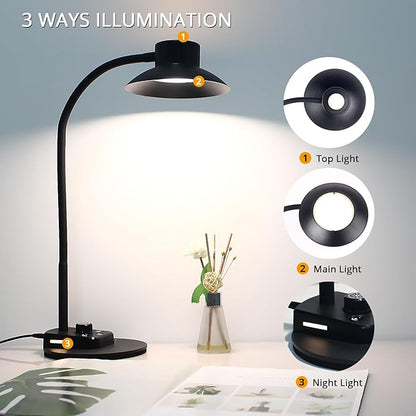 LED Desk Lamp for Office Home, Dimmable Reading Light with USB Charging Ports, Bedside Lamp with 5 Color Modes & Stepless Dimming, 360° Flexible Gooseneck Table Lamp(Adapter Included)