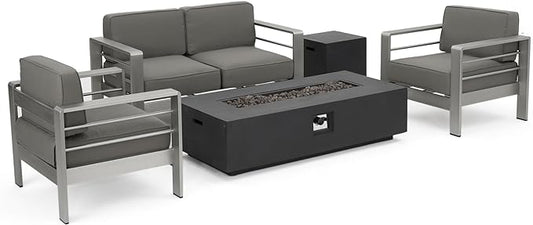 Christopher Knight Home Cape Coral Outdoor Chat Set with Fire Table, 5-Pcs Set, Khaki / Dark Grey