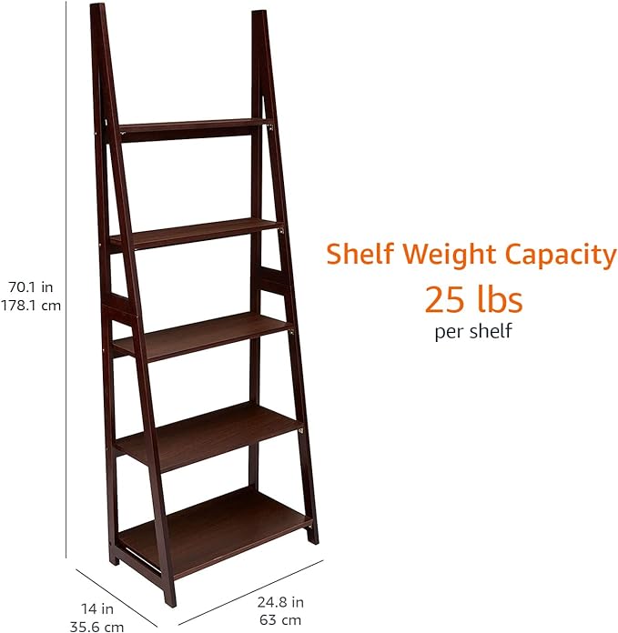 Amazon Basics Modern 5-Tier Ladder Bookshelf Organizer, Solid Rubberwood Frame, Espresso Finish, 14 D x 24.8 W x 70.1 H in