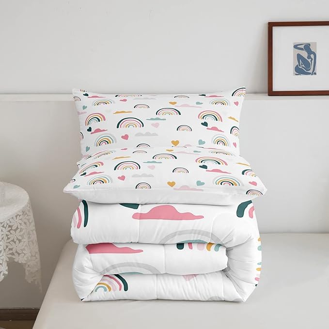 Erosebridal Kids Rainbow Bedding Set, Girly Love Heart Comforter Set Twin Size Cartoon Rainbow Cloud Duvet Sets for Girls Boys Women Bedroom Decor, Soft Microfiber Down Comforter 2 Pieces,Colorful