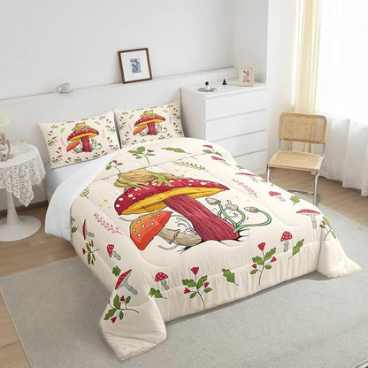 Frog Print Bedding Set Kids Kawaii Decor Comforter Set Frog Mushrooms Comforter Cover Set for Room Decor Botanica Cute Mushroom Decor Beige Red Duvet Set Full Size 3Pcs Quilt Set