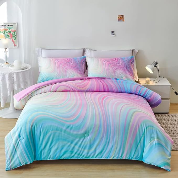 Girls Pink Comforter Twin,Pink Bedding Set for Girls,Tie Dye Comforter Set,Kids Comforter Set for Girls,Blue Pink Teen Comforter Twin with 2 Pink Pillowcases,Rainbow Comforter Set