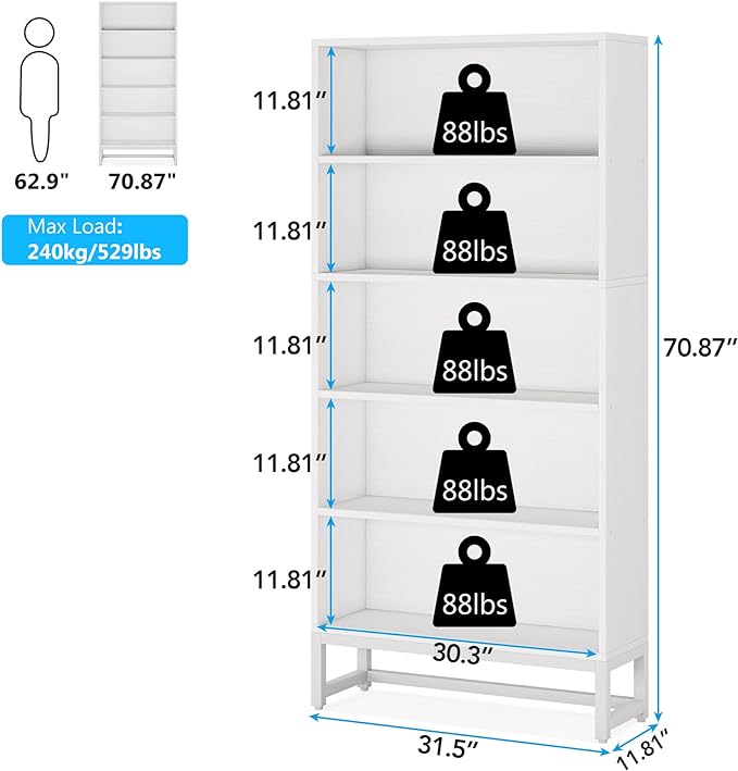 Tribesigns Tall Bookcase and Bookshelf, 70.8” Large Bookcases Organizer with 5-Tier Storage Shelves, Heavy Duty Free-Standing Library Bookshelf Shelving Unit for Living Room, Bedroom, Office (White)