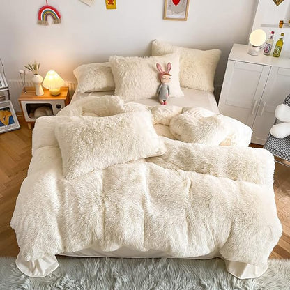Faux Fur Kids Girls Milky White Comforter Sets Twin/Full - 3PC Bed Set Warm Comfortable Soft Plush Flannel Velvet Fluffy Fuzzy Bedding（Comforter x 1 Pillowcases x 2）