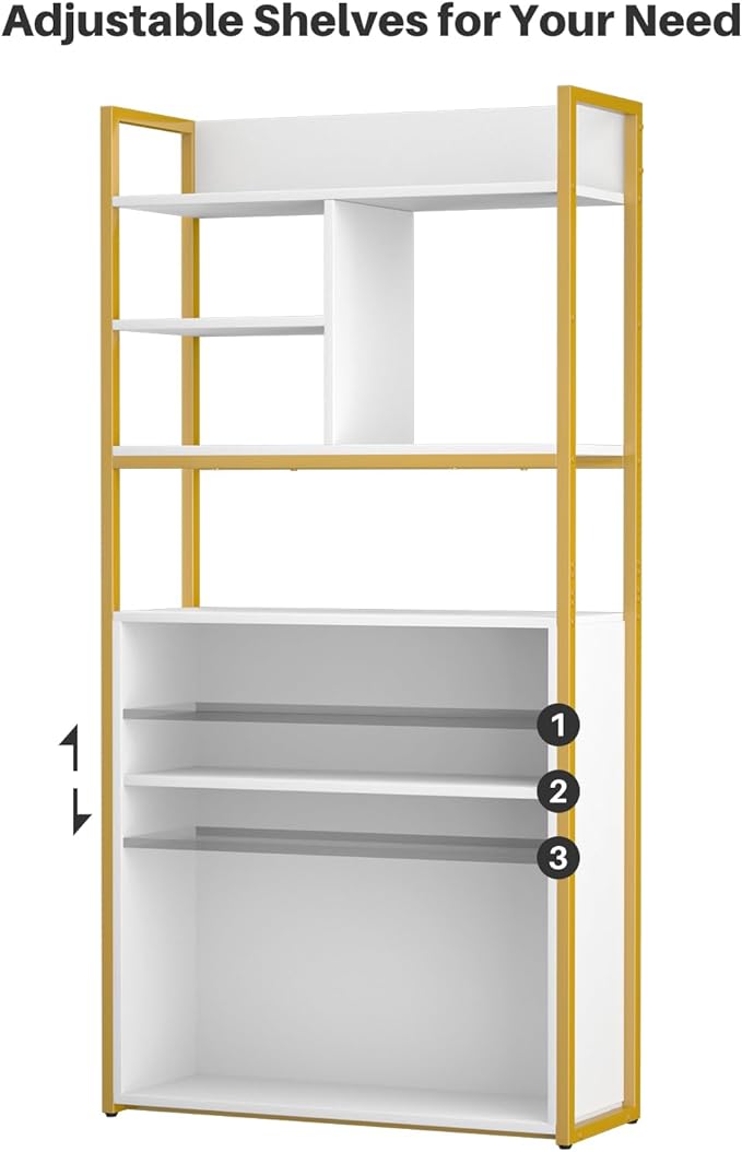 White Industrial Bookshelf, 6 Tier Tall Bookshelves Wood and Gold Metal Frame Standing Bookcase, Display Book Shelf with Adjustable Storage Shelves for Home Office, Living Room, Bed Room, White