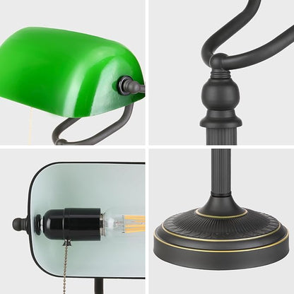 Newrays Antique Green Glass Bankers Desk Lamp with Pull Chain Switch Plug in Fixture