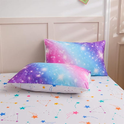 Holawakaka Girls Space Star Rainbow Glitter Comforter Set Ombre Galaxy Print Gradient Reversible Bedding Set Full Size Kids Bed Sets (Pink Lavender, Full)