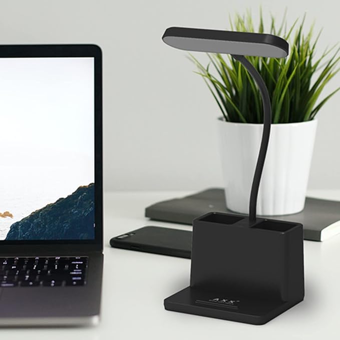 AXX LED Desk Lamp for Home Office, Battery Operated Desk Light for Computer/Desktop - Black, Small, Cute, 3 Way, Rechargeable, Flexible Gooseneck, Pen Holder - Study Table Lamp for Bedroom Reading