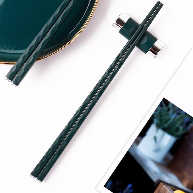 GLAMFIELDS 5 Pairs Chopsticks Reusable, Premium Fiberglass Chop sticks Dishwasher Safe for Sushi Ramen, Non-slip, 9 1/2 inches - Gift Set Green with Silver Plated