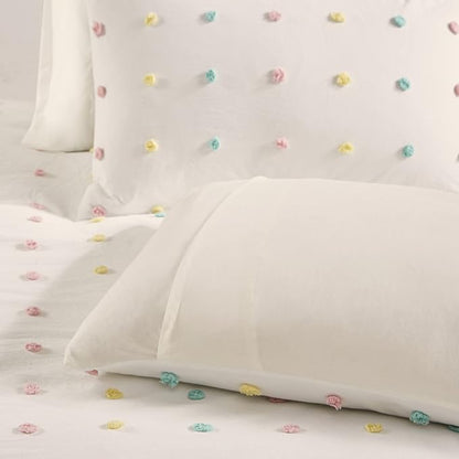 Duvet Cotton Jacquard Weave Colorful Poms Accent, Shabby Chic Cover for Comforter Cozy Bedding Set, Matching Shams, Decorative Pillows, Full Queen, Multi, 5 Piece