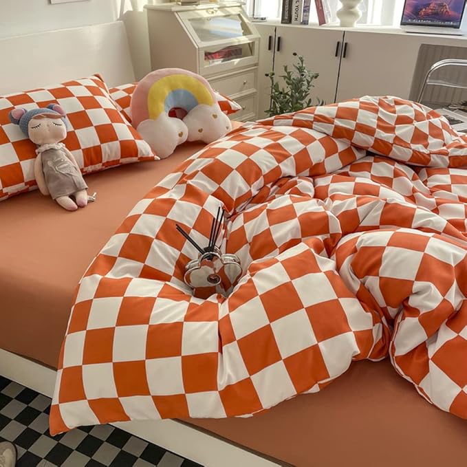 Wellboo Orange White Plaid Comforter Sets Full Women Girls Light Red Checkerboard Bedding Comforters Cotton Rust Caramel and White Checkered Geometric Quilts Adults Modern Grid Abstract Simple Bed