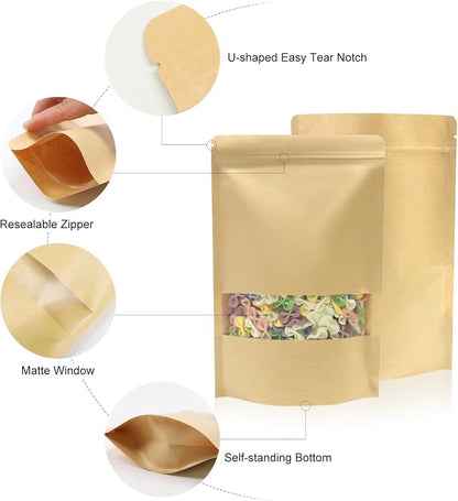 SumDirect Kraft Food Bags with Window - Resealable Kraft Stand Up Pouches, 50Pack 7X10inches Zipper Food Storage Bags for Packaging