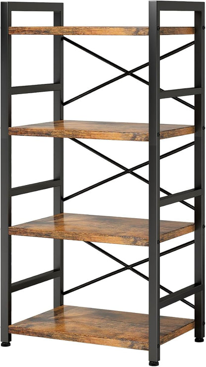 Bookshelf, 4 Tier Small Bookcase, Organizers and Storage, Metal Small Bookcase, Rustic Book Shelf Organization and Storage for Living Room, Bedroom, and Home Office(Rustic Brown)