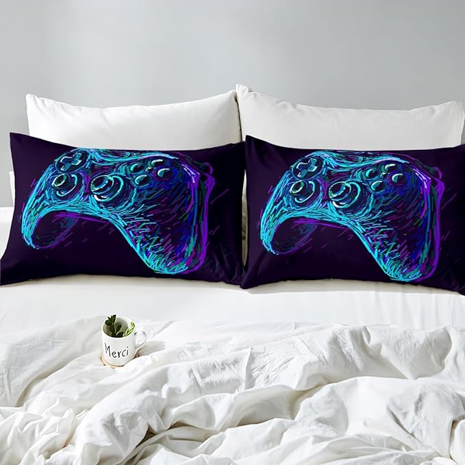 Gamer Comforter Set for Boys Teens Blue and Black Gaming Bedding Set Video Game Bedding Home Decor for Kids Comforter Full Size 3 Pieces Gamepad Quilted Duvet Set 1 Comforter with 2 Pillowcases