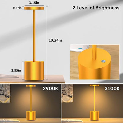 Rechargeable Cordless Table Lamp, 10.25in Small Outdoor Portable Battery Operated Desk Lamps 2 Levels Dimmable Powered Night Light for Dining Restaurant Bar Garden Patio Bedroom Gold