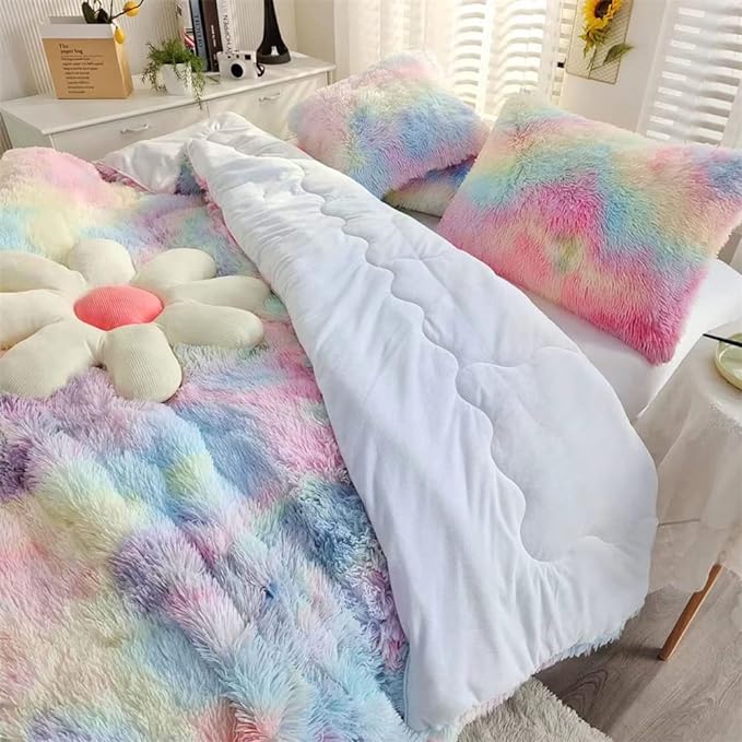Faux Fur Kids Girls Rainbow Comforter Sets King - 3PC Bed Set Warm Comfortable Soft Plush Flannel Velvet Fluffy Fuzzy Bedding（Comforter x 1 Pillowcases x 2）