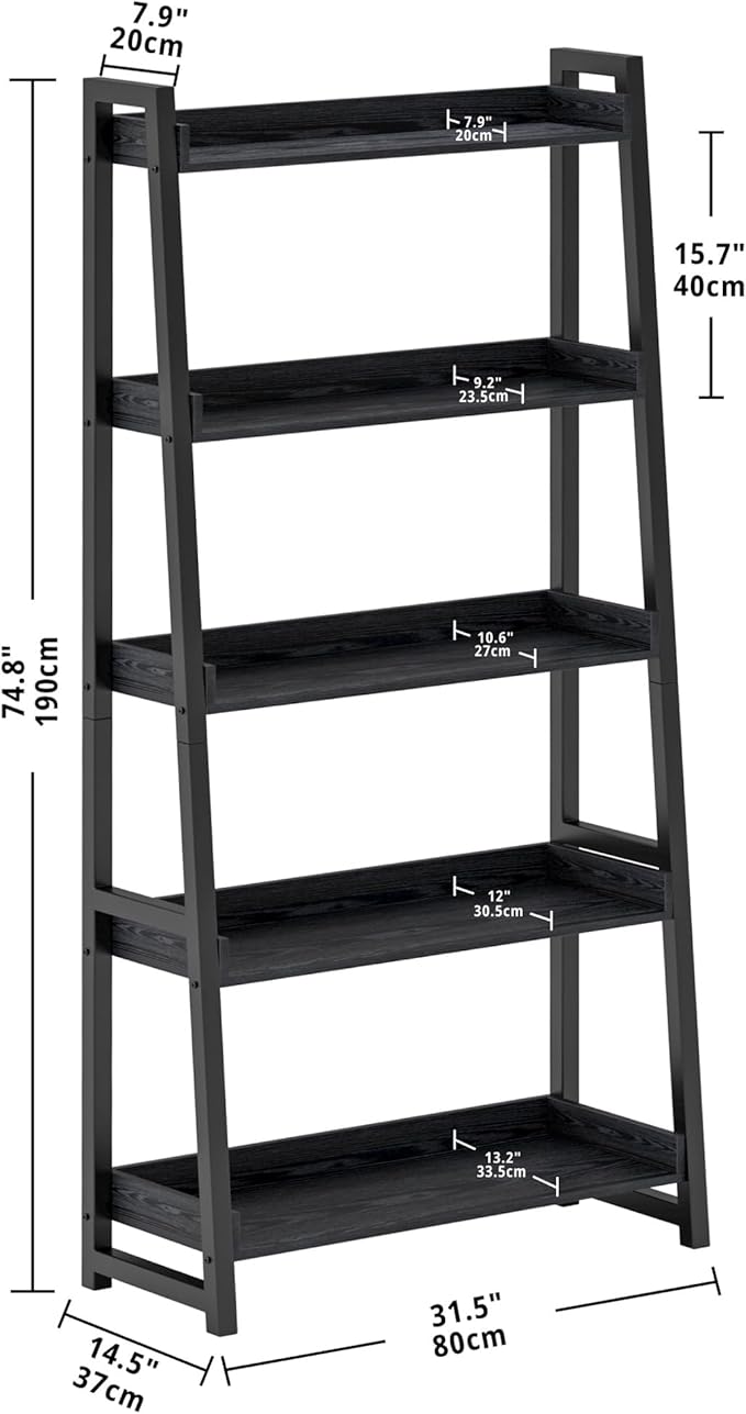 IRONCK Industrial Bookshelf 5-Tier 31.5in Wide, Bookcase Ladder Shelf, Storage Shelves Rack Shelf Unit, Accent Furniture Metal Frame, Home Office Furniture for Bathroom, Living Room
