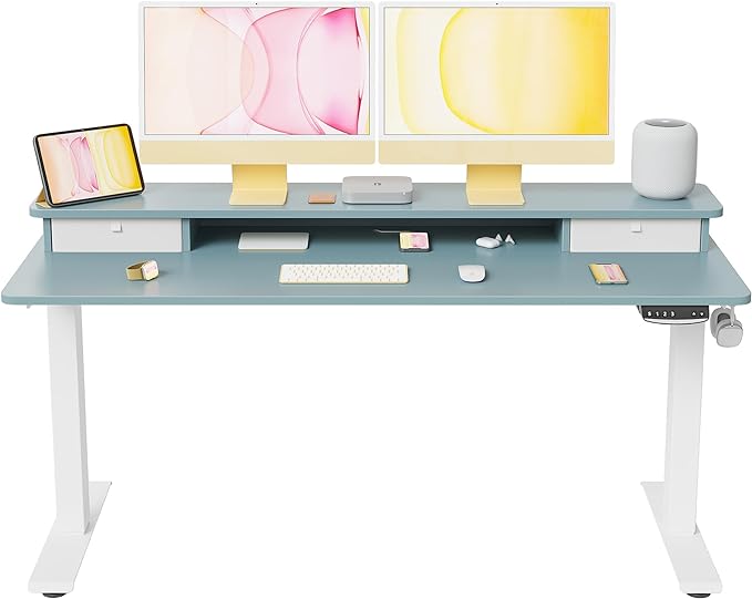 FEZIBO 60 x 24 Inch Height Adjustable Electric Standing Desk with Double Drawer, Stand Up Desk with Storage Shelf, Sit Stand Desk, Blue