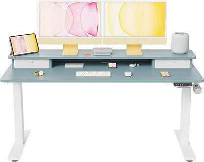 FEZIBO 60 x 24 Inch Height Adjustable Electric Standing Desk with Double Drawer, Stand Up Desk with Storage Shelf, Sit Stand Desk, Blue