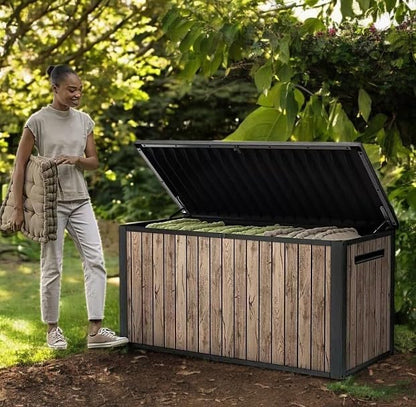 Outdoor Storage Box, Wood-Look Resin Deck Container, Indoor/Outdoor Storage, Ash Wood Brown (170 Gallon)