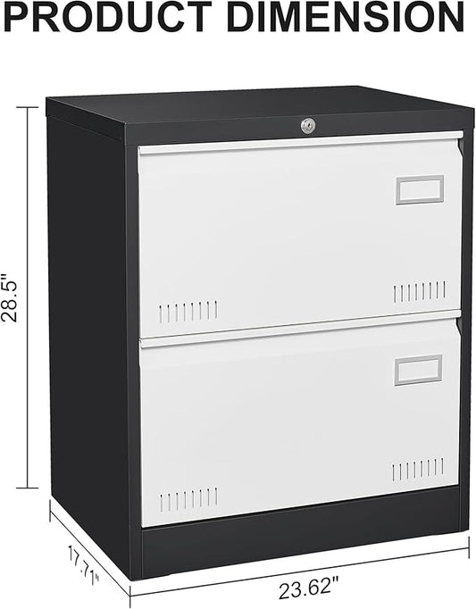 2 Drawer Metal Lateral Lock and Card Holder,Office Vertical Files Storage Cabinets w/Heavy 3 Section Slide Rail & Breathable Holes,for Legal/Letter/A4,Black+White