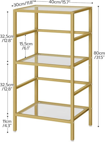 HOOBRO 3-Tier Bookcase, Tempered Glass Bookshelves, Record Storage Rack with Side Fence, Storage Shelves for Bathroom, Slim Shelving Unit for for Living Room, Home Office, Gold GD81CJ01