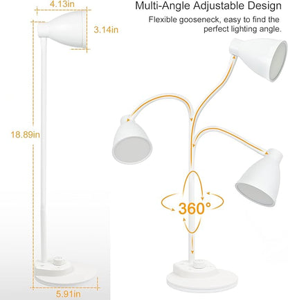 BOHON LED Desk Lamp with USB Charging Port, 3 Color Modes Dimmable Reading Lamp, Auto Dimming Task Lamp, Flexible Gooseneck Table Light for Dorm Bedside, Adapter Include, White