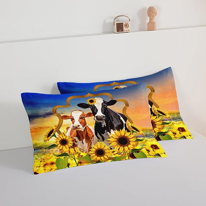 HOSIMA Animal Theme Bedding Set Bull and Cow Comforter with 2 Pillowcases,Sunflower Twin Bed in a Bag Sets for Adults Teens Kids,Brown Cowhide Black White Cow Print Western Bedding Sets.