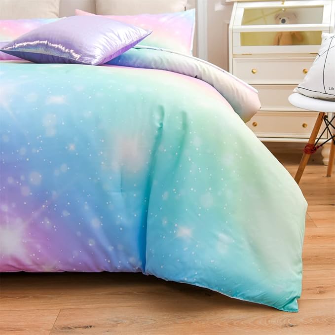 Holawakaka Girls Ombre Glitter Comforter Set, Full Size Gradient Rainbow Galaxy Print Kids Bedding Sets, Multi-color Ultra-soft Dorm Bed Set (Pink Green, Full)