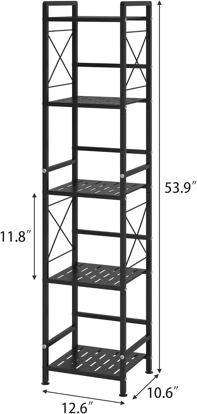 JSB 5 Tier Metal Bookshelf Bathroom Storage Standing Shelf Unit Kitchen Storage Organizer Display Rack Bookcases Shelves for Living Room, Bedroom, Office (Black, 5 Tier)
