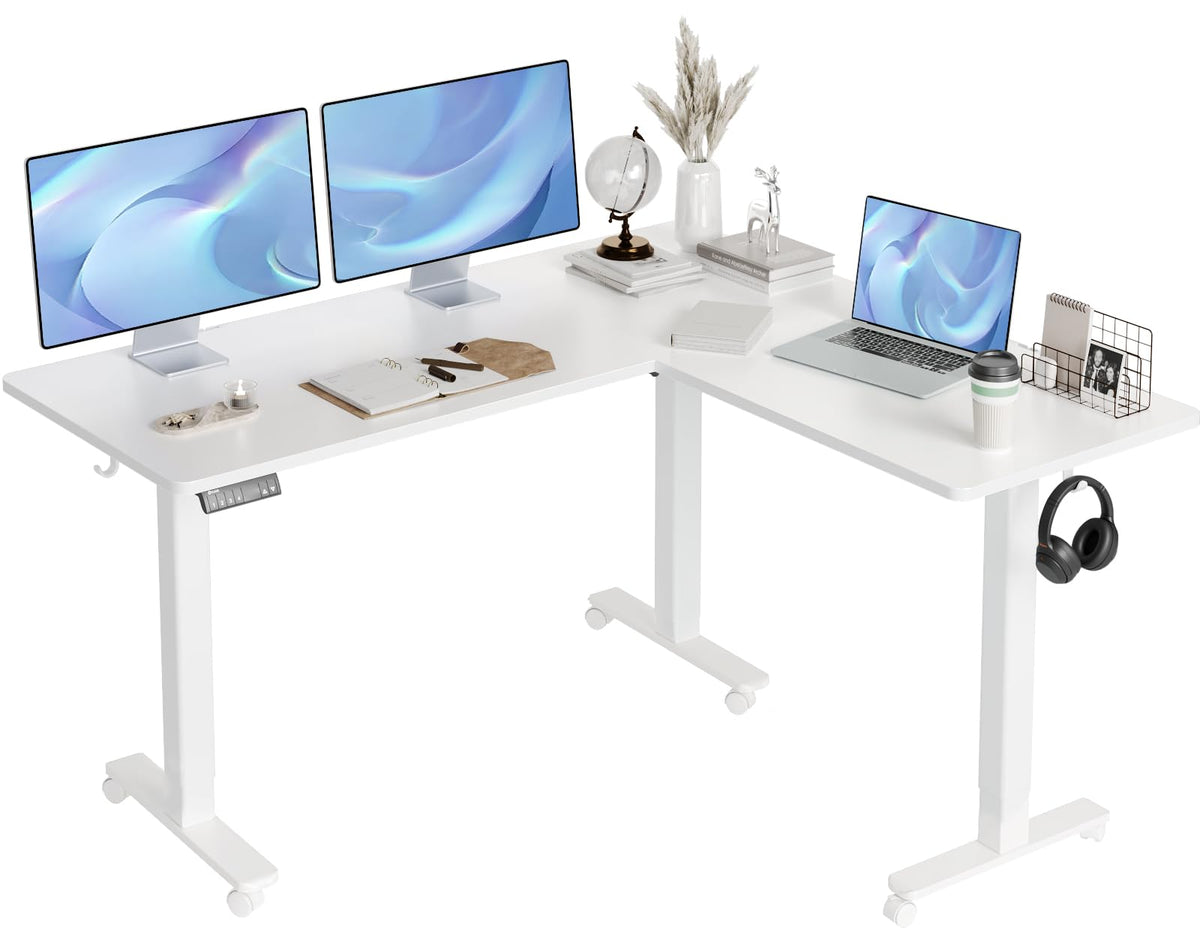 Claiks L Shaped Standing Desk Adjustable Height, Dual Motor Electric Corner Standing Desk, 63x55 inch Sit Stand up Desk with Splice Board, White