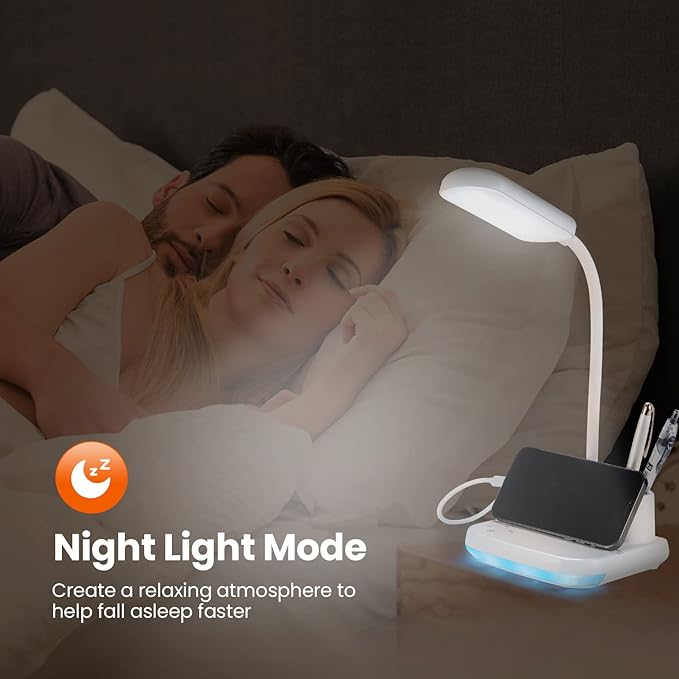 LED Rechargeable Desk Lamp, 5-in-1 Small Desk Lamp with USB Charging Port, Pen Holder, Night Light, Portable Desk Light for Home Office Student Children Kids College Dorm (White)