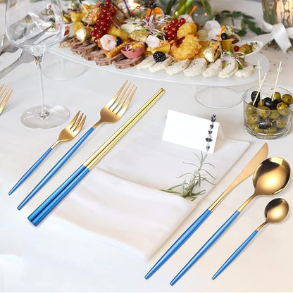AARAINBOW 8 Pieces Stainless Steel Flatware Set Portable Reusable Cutlery Set Travel Utensils Set Including Chopsticks Knife Fork Spoon Straws Cleaning Brush Dishwasher Safe (Blue Golden)