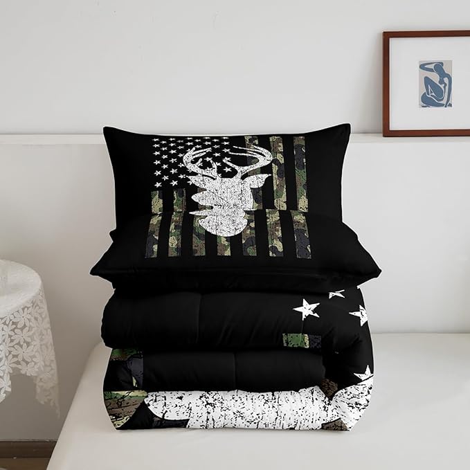 American Flag Comforter Set,Deer Hunting Down Comforter Army Green Military Camo Bedding Set Full For Boys Teens Kids Man,Western Farmhouse Stars Stripes Bedding Quilt Set Bedroom Decor 3 Pcs