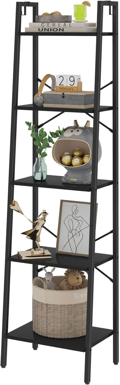 Ladder Shelf, Bookshelf Bookcase, Freestanding Corner Storage Shelve with 2 Hooks for Home Office, Living Room, Kitchen, Bedroom, Industrial, 5-Tier Black BC19204B