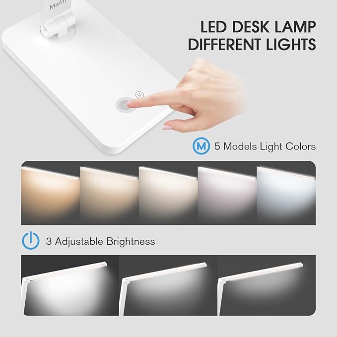 mafiti LED Desk Lamp for Home Office,Touch Desk Light 5 Light Modes 3 Brightness,Foldable Table Lamp with Adjustable Arm,Eye-Caring Lamp with USB Port, Bedside Lamp for Working Reading Study,White