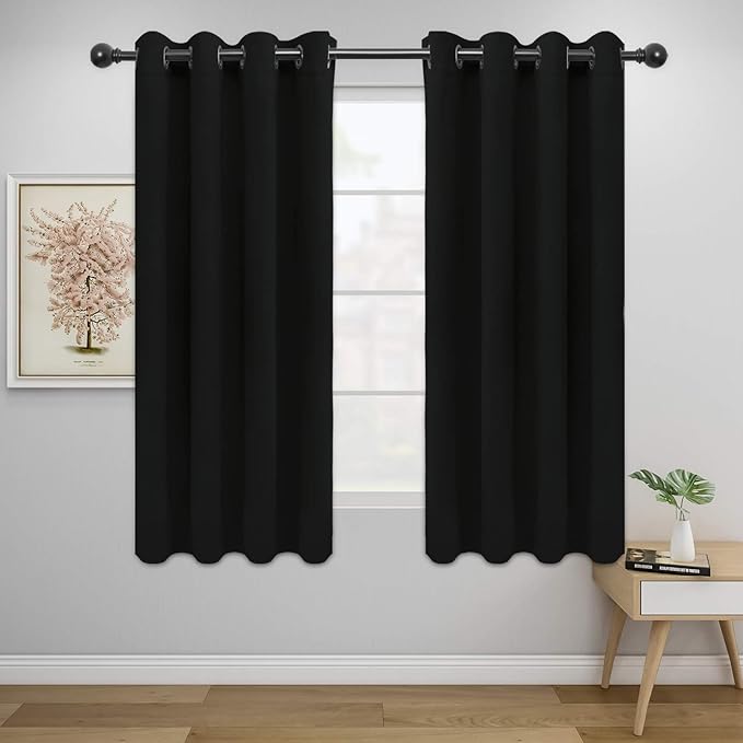 Easy-Going Blackout Curtains for Bedroom, Solid Thermal Insulated Grommet and Noise Reduction Window Drapes, Room Darkening Curtains for Living Room, 2 Panels (52x63 in,Black)