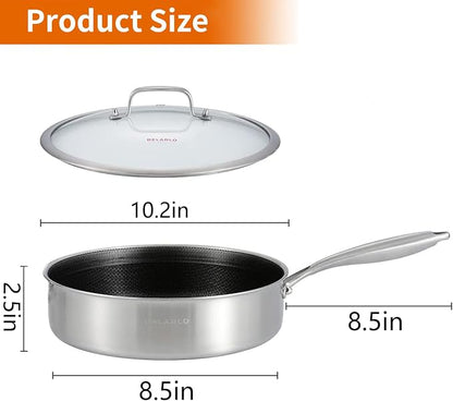 DELARLO Tri-Ply Hybrid Stainless Steel 10 Inch Saute Pan,3QT Chef Cooking Pan,Anti-Scratch,Compatible with All Cooktops,Oven Up to 660℉,Chicken Fryer,Dishwasher-Friendly（Detachable handle）