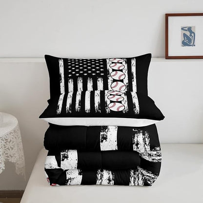 Baseball Comforter American Flag Comforter Set Kids Boys Baseball Sports Games Bedding Set Children Girls Teens Black and White Ball Microfiber Quilt Set Room Decor for All Season Full Size
