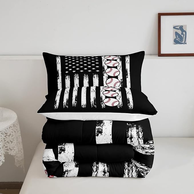Feelyou Baseball Comforter American Flag Comforter Set Kids Boys Baseball Sports Games Bedding Set Children Girls Teens Black and White Ball Microfiber Quilt Set Room Decor for All Season Queen Size