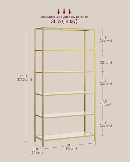 VASAGLE Bookcase, 6-Tier Bookshelf, Slim Shelving Unit for Bedroom, Bathroom, Home Office, Tempered Glass, Steel Frame, Metallic Gold ULGT503A01
