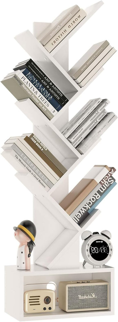 YMYNY 6 Tier Tree Bookshelf, Tall Bookcase, Wood Book Storage Rack with Drawer, Modern Floor Standing Book Shelf for Books/Movies/CDs, Utility Organizer for Living Room, Home Office, White UHBC016W
